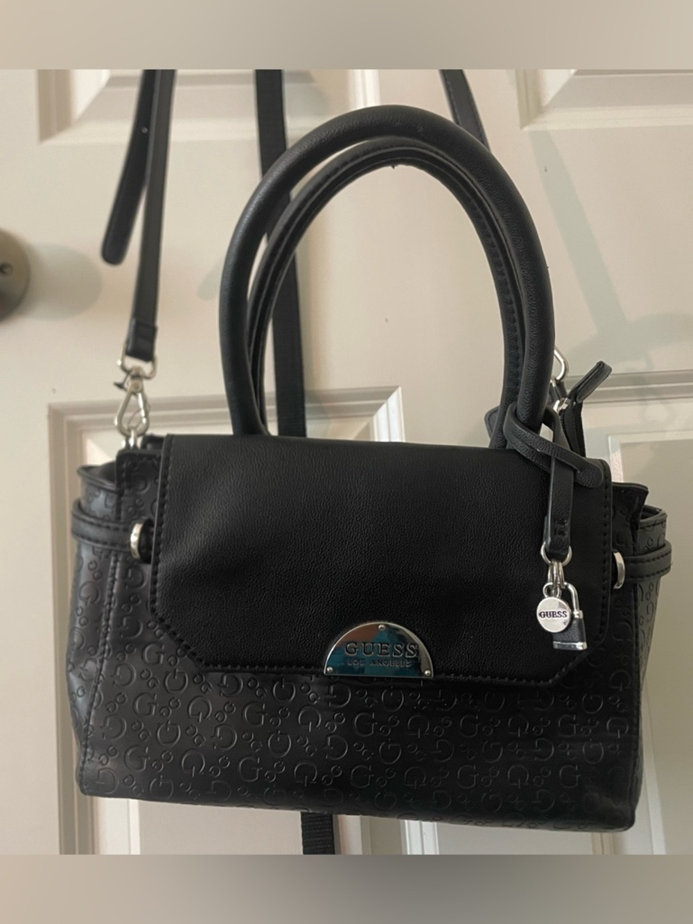 GUESS Black Embossed Logo Top-Handle Satchel with Charm